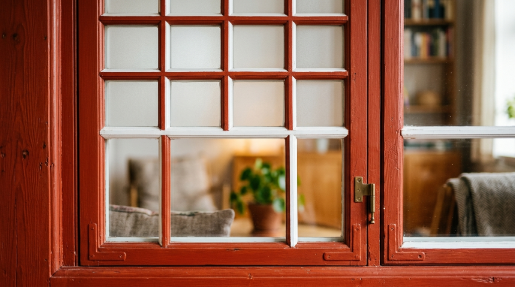 Close-up detail shot of an authentic Dannebrog window frame 