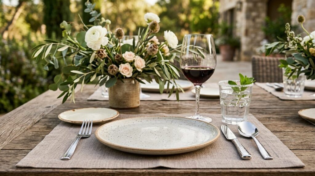 Close-up photograph of a premium outdoor table setting in na