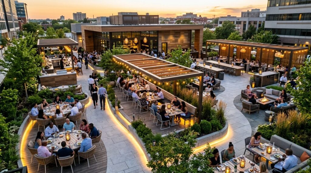Overhead perspective of a modern outdoor restaurant space wi