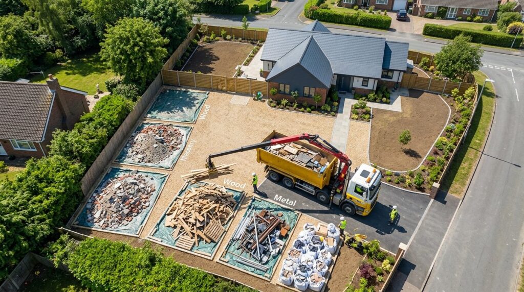 Overhead view of a residential property yard after renovatio