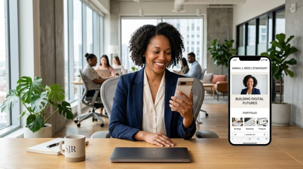 Confident entrepreneur looking at their smartphone displayin