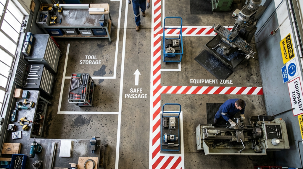 Close-up overhead view of organized workshop floor with whit