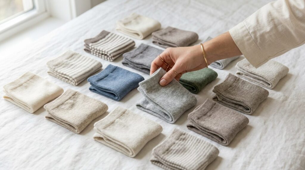Minimalist flat lay photography: Persons hand selecting a s