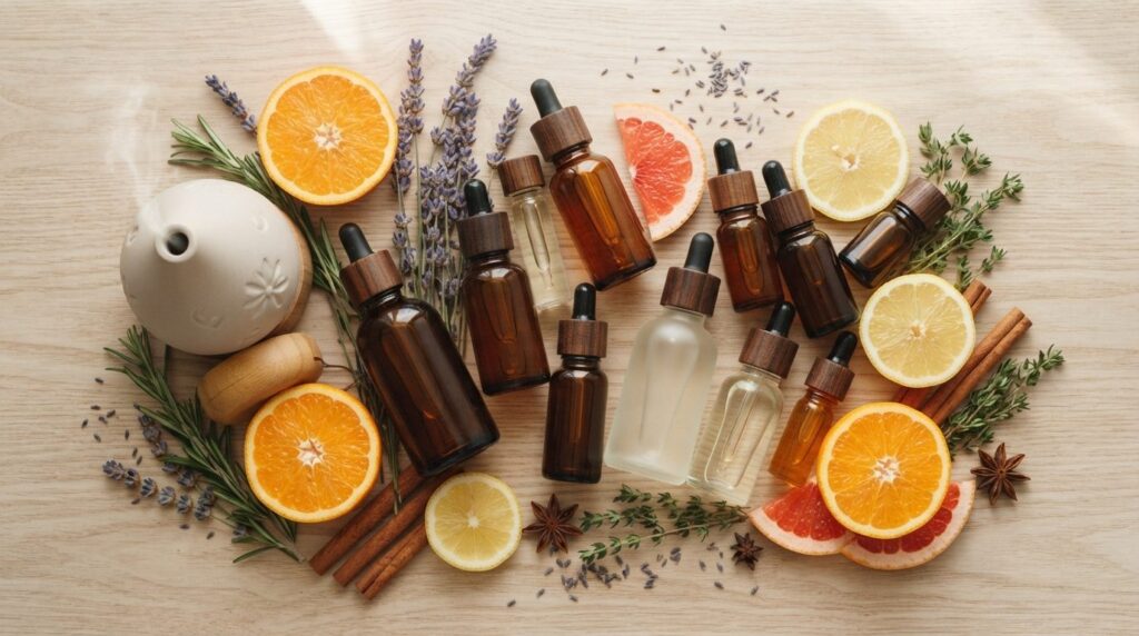 Close-up flatlay photography of multiple premium aroma oil b