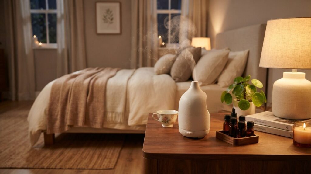 Warm, inviting bedroom interior shot showing a bedside table