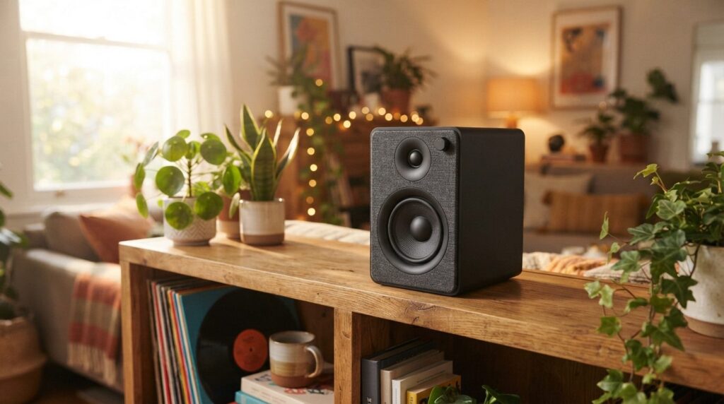 Close-up photorealistic shot of a compact active speaker wit