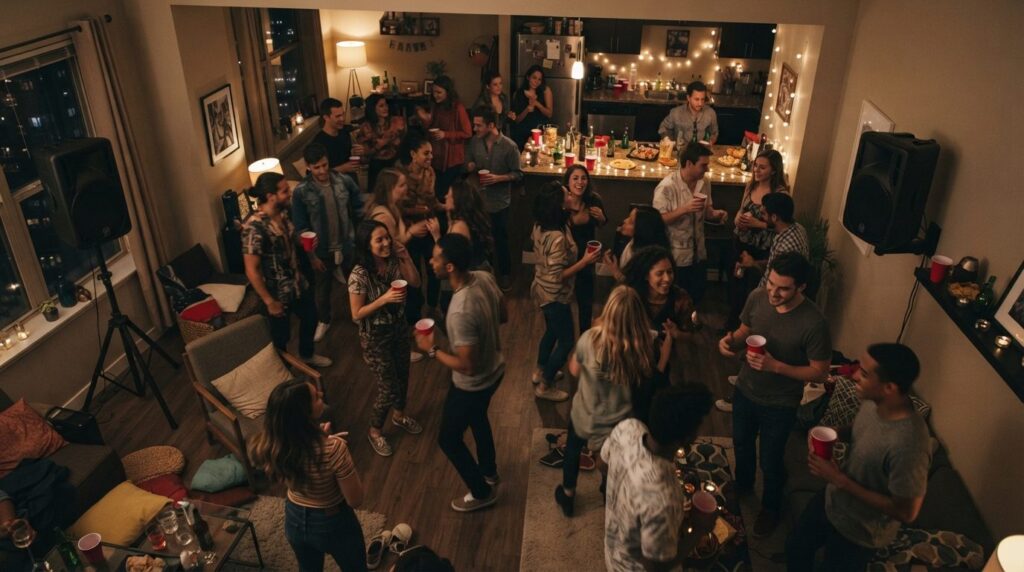 Photorealistic overhead view of a small apartment party scen
