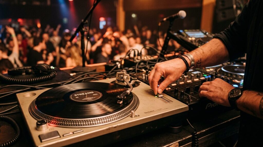 Close-up of hands adjusting DJ turntable controls with mindf