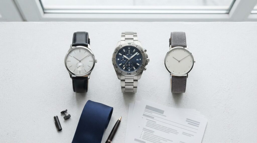 Flat lay overhead shot of three different mens watches - on