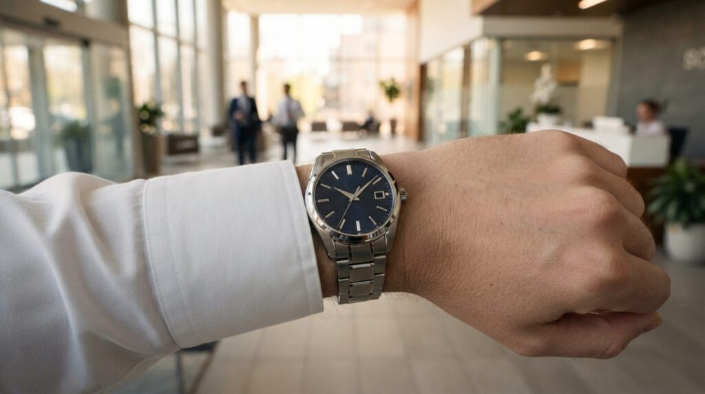 Close-up detail photograph of a professional mans wrist wea