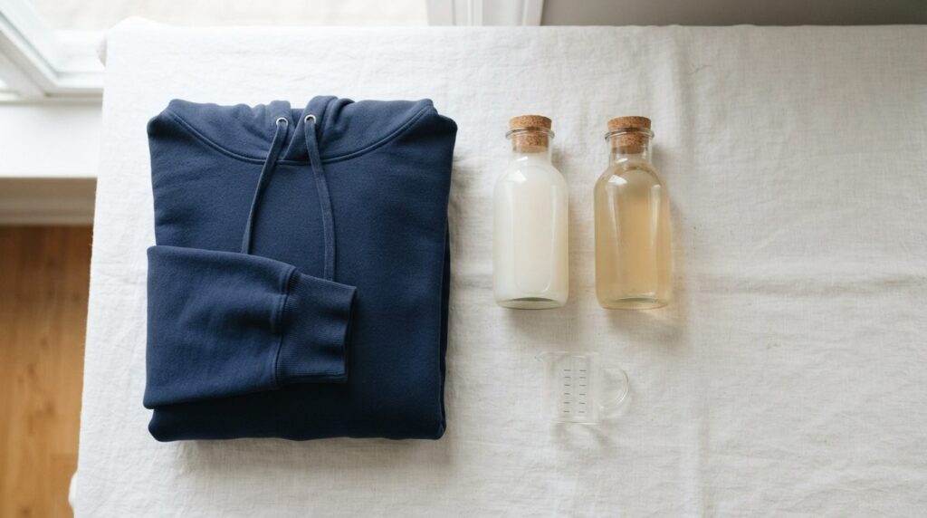 Close-up flat lay of laundry care essentials arranged on whi
