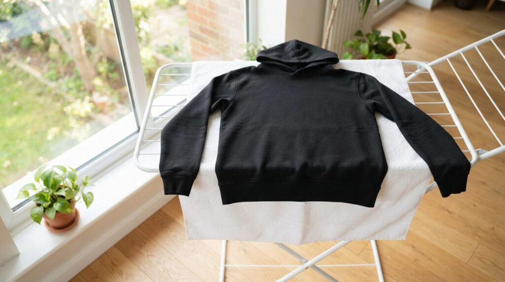 Detailed overhead shot of a black hoodie being air-dried fla
