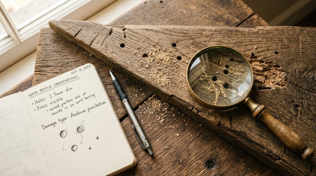 Overhead flat-lay composition of wooden furniture piece with